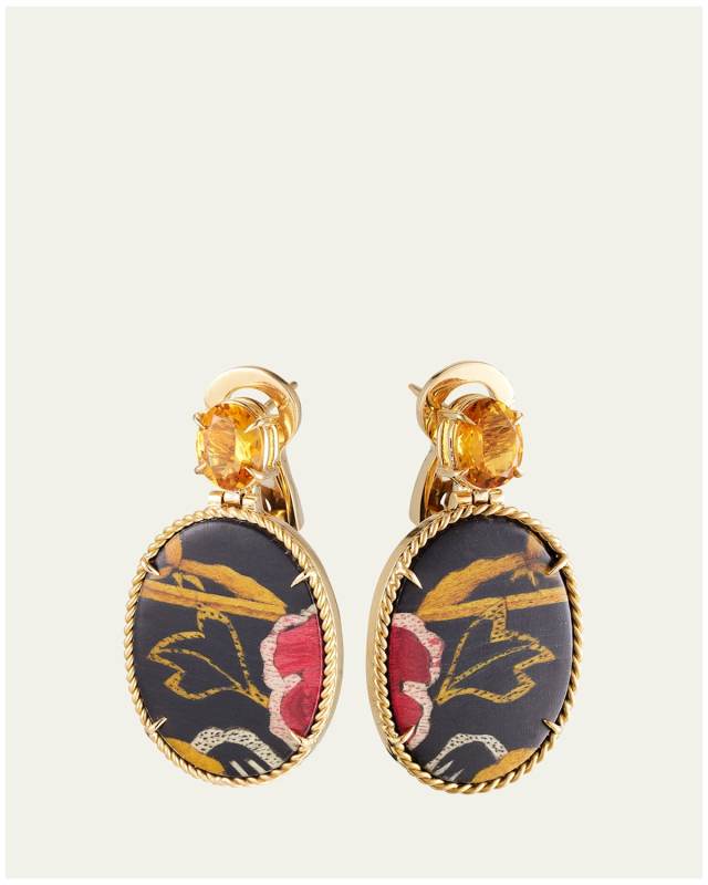 Marquetry 18K Gold Tibetan Rose Mini Earrings with Citrine and Diamonds